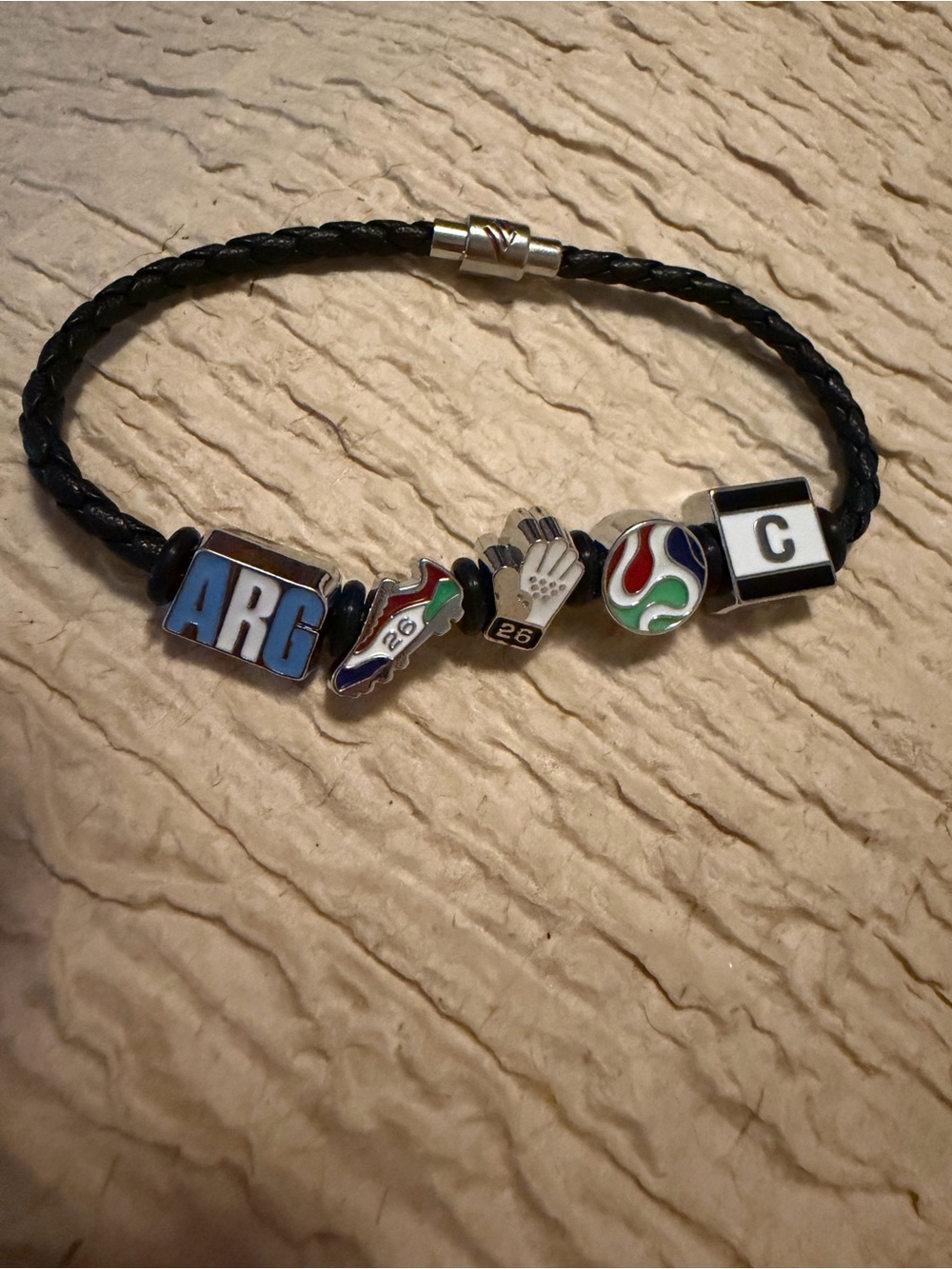 FIFA Black Braided Leather Charm Bracelet with Multicolor Football Beads